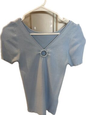 Sandro Women’s Light Blue Ribbed V-Neck Top with Ring Detail